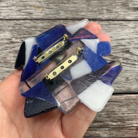Vintage Jewelry Artisan Handcrafted Glass Mosaic Brooch Huge Chunky Blue Glass - Picture 3 of 4